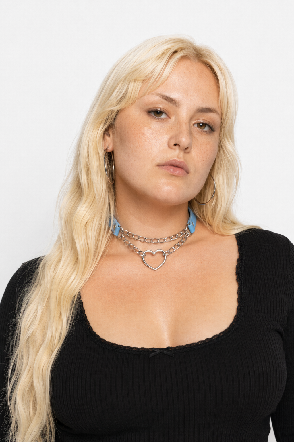 Thick Vegan Leather Chained Heart Choker Necklace Light Blue