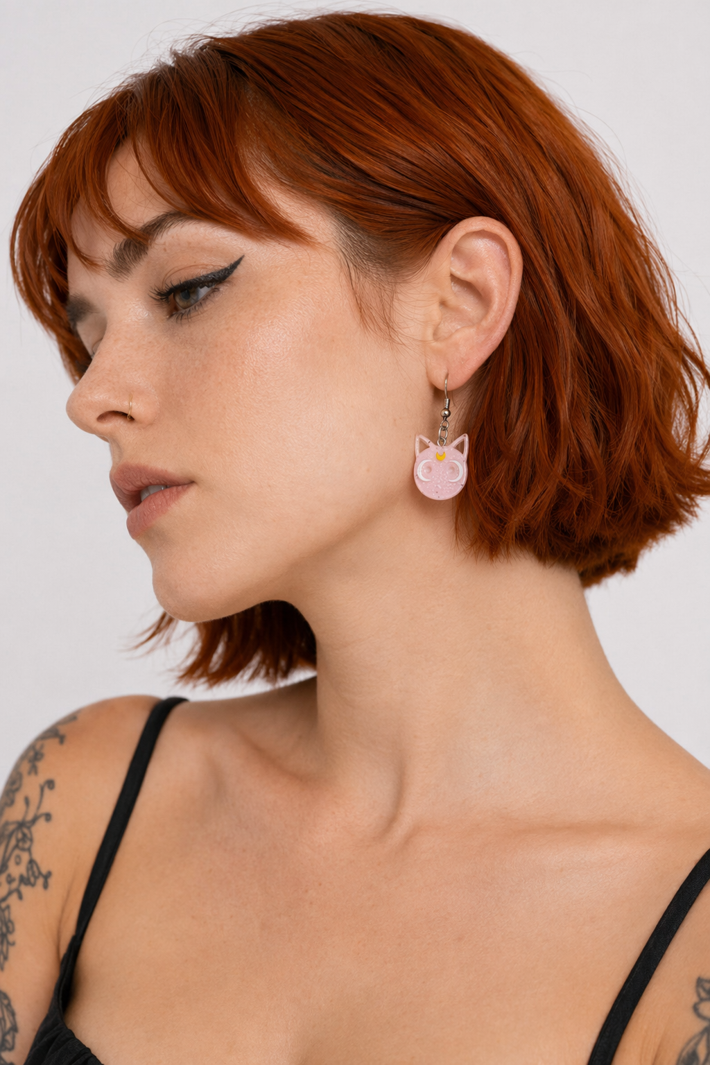 Glittery Cat Earrings with Half Moons in Resin Art Pink