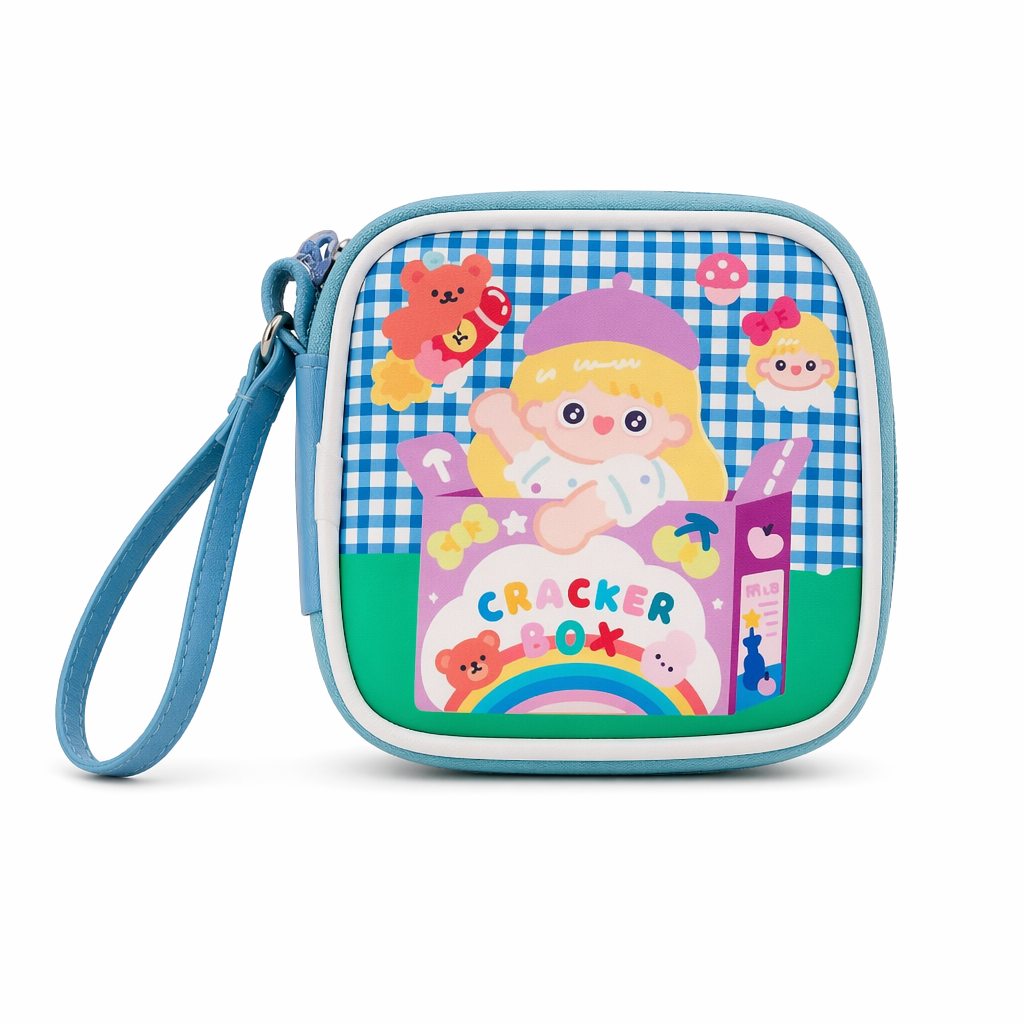 Bold Kawaii Patterned Pouch for Cords and Chargers Blue Cracker Box