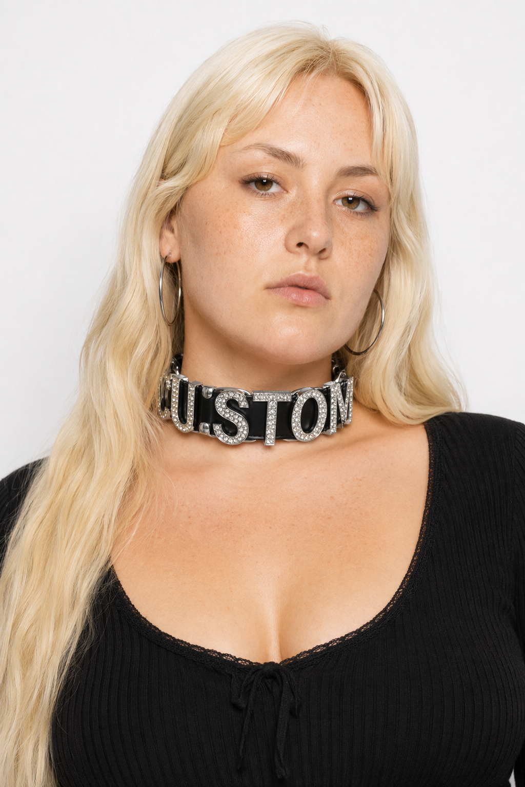 Customizable Vegan Leather Rhinestone Choker Necklace Black Silver