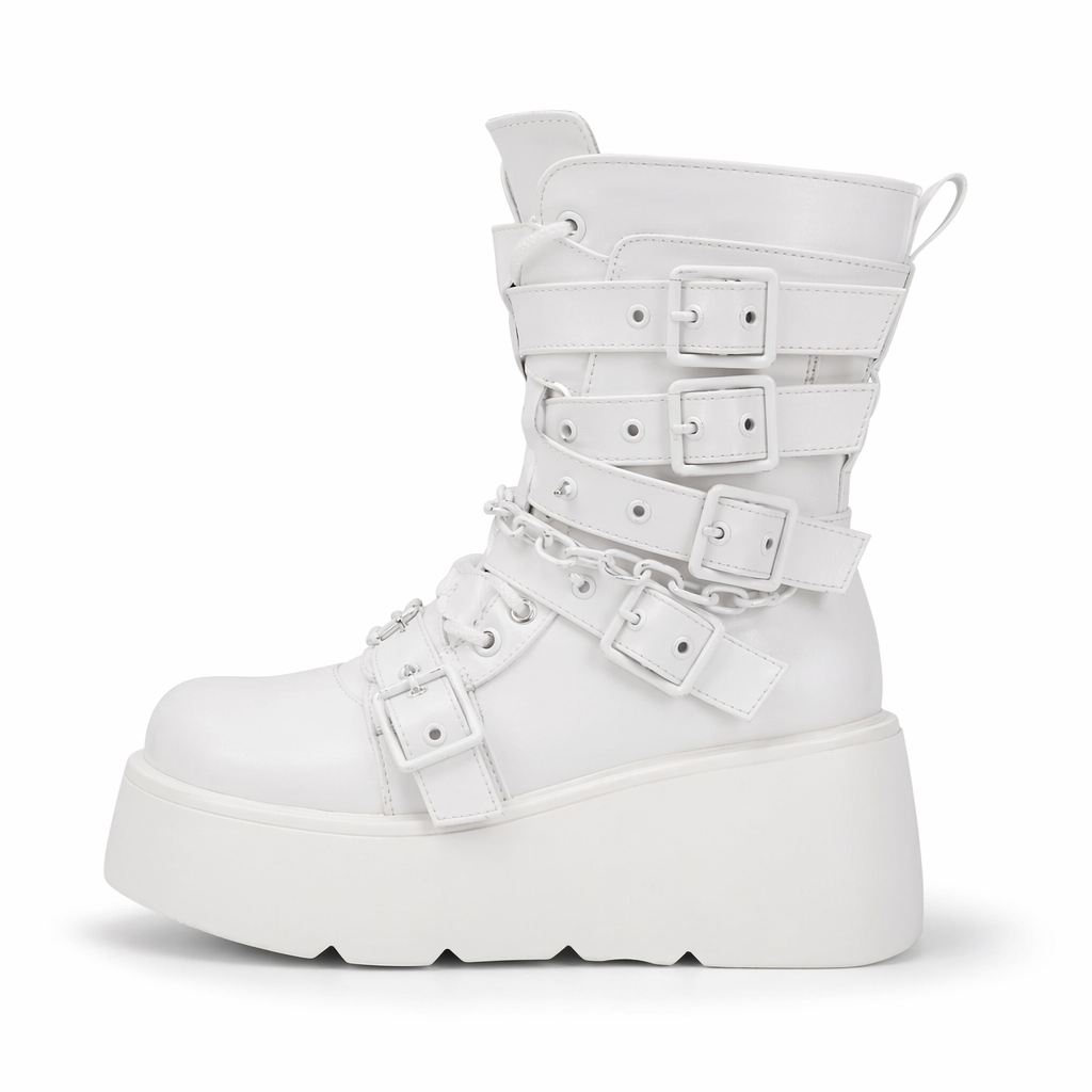Cyber Punk Babydoll Booties for Edgy Alternative Fashion All White Buckles