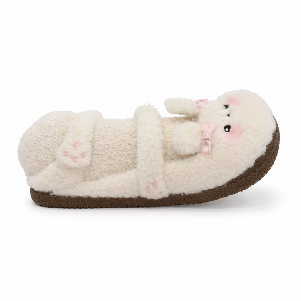 Fuzzy Bear Inspired Maryjane Shoes with Fluffy Faux-Fur and Ribbons Beige
