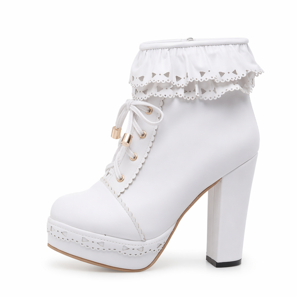 Sweet Lolita Booties with Ruffled Trim and Comfortable Design White