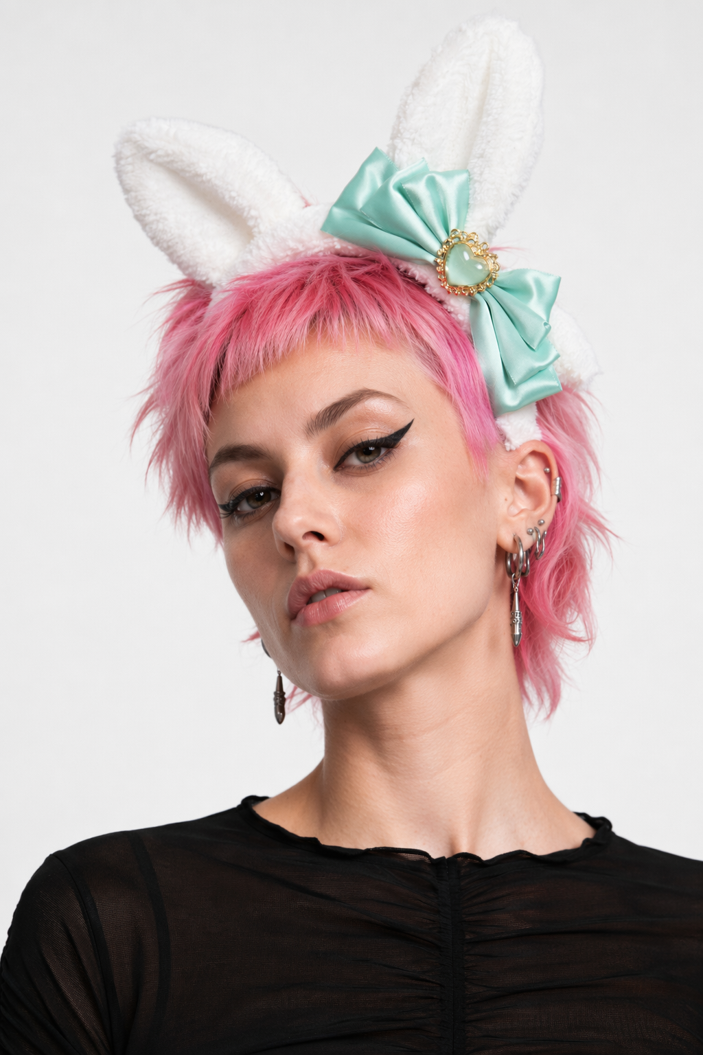 Luxurious Bunny Ears Headband with Satin Ribbons and Jewels Emerald
