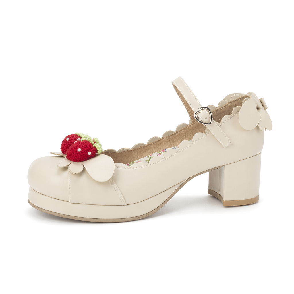 Sweet Lolita Fashion Shoes with Scalloped Trim and Heart Buckles Beige
