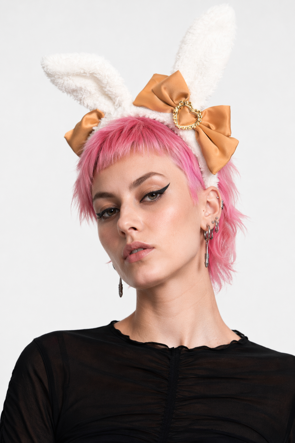 Luxurious Bunny Ears Headband with Satin Ribbons and Jewels Orange