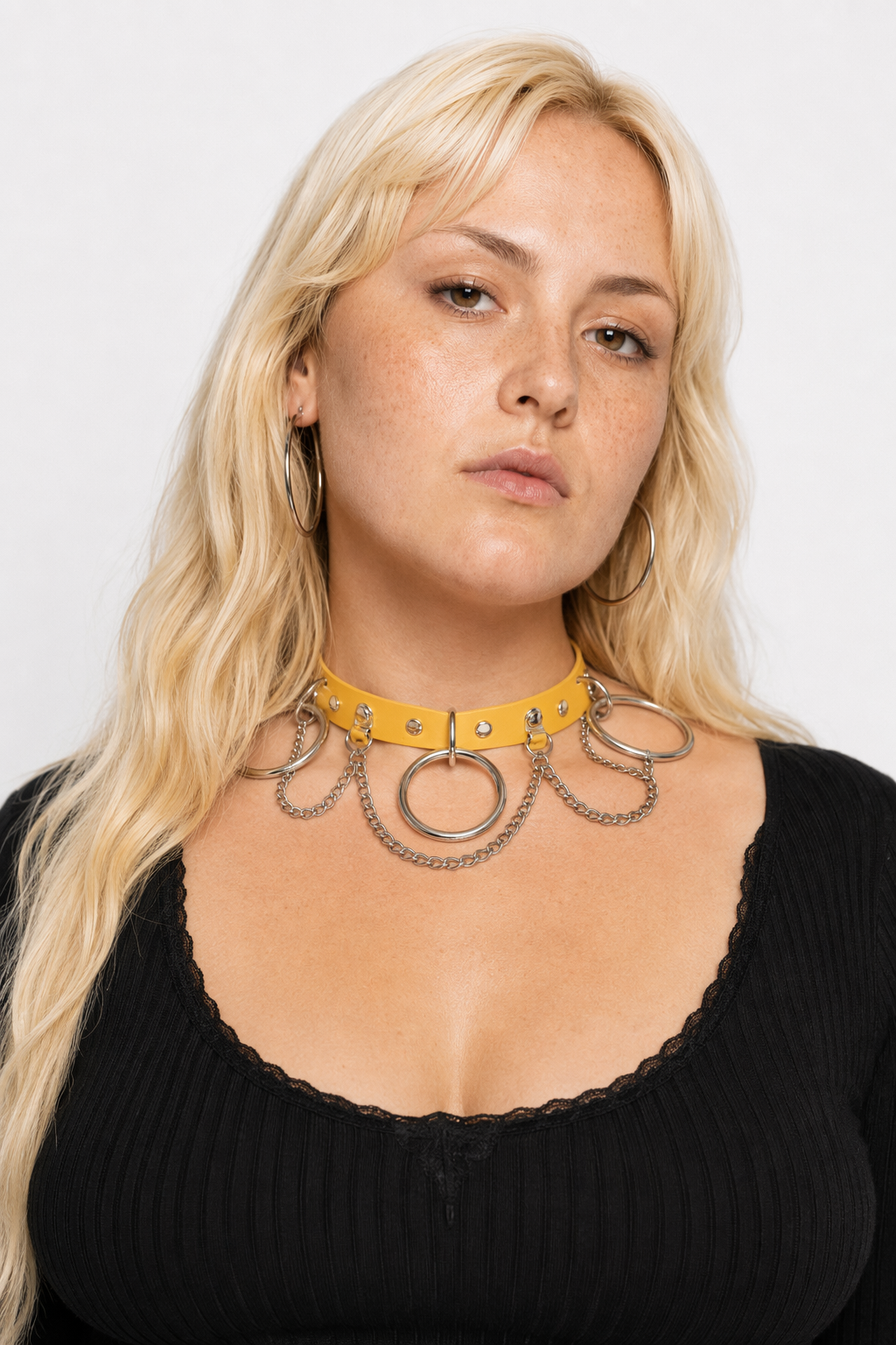 Vegan Leather O-Ring Choker Necklace with Silver Hardware Yellow