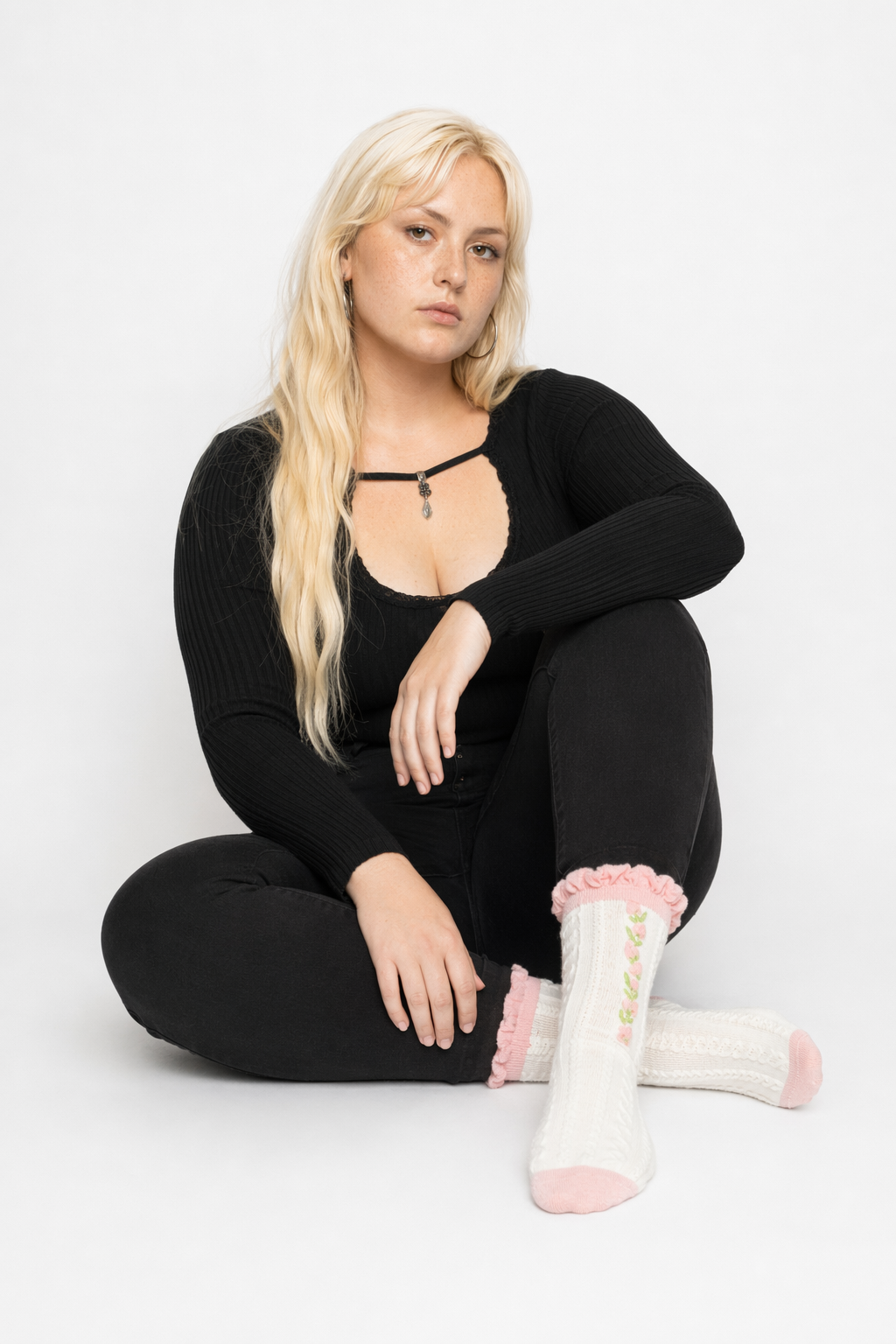 Textured Angelic Socks with Knit Detailing and Rosebud Embellishments No3