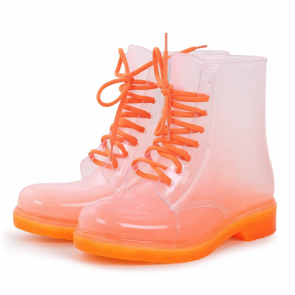 Kawaii Ombre Block Heeled Rain Booties in Candy Colors Orange