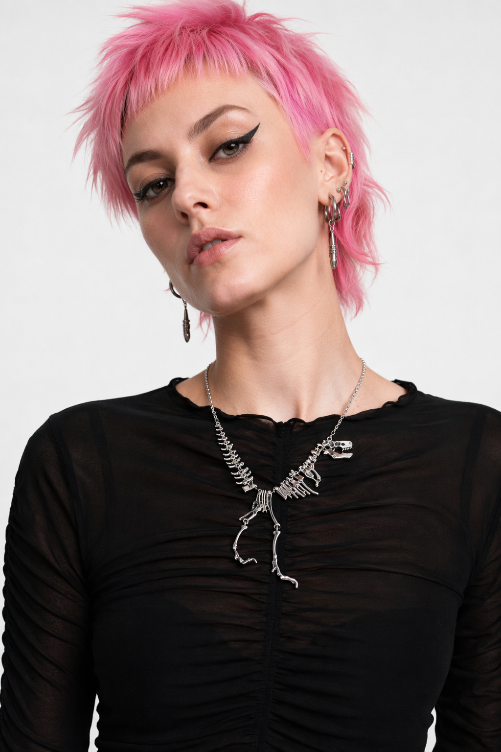 Cute T-Rex Bone Necklace in Black, Gold, or Silver Plated Hardware Silver