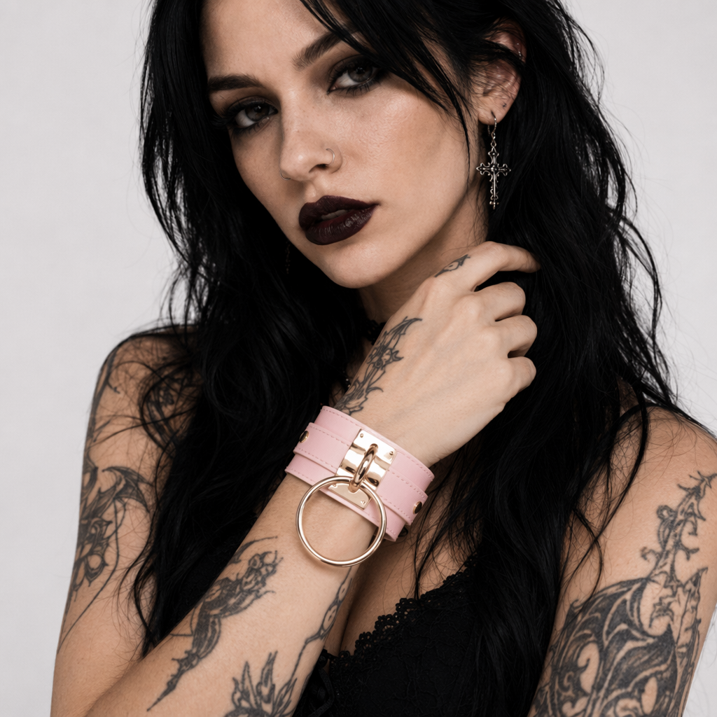 Vegan Leather O-Ring Choker Necklace with Adjustable Buckles Pink Silver
