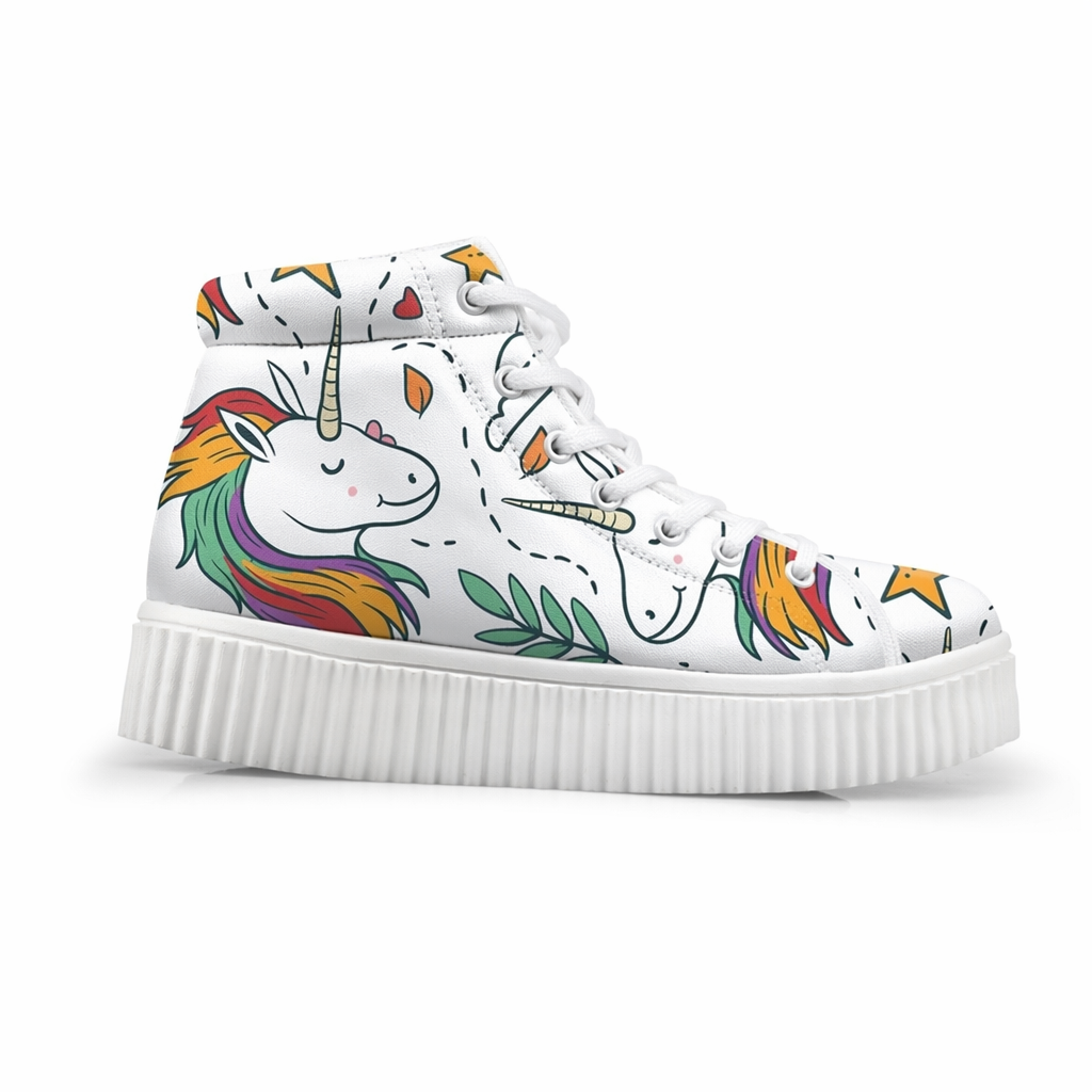 Canvas Hi Top Unicorn Pattern Shoes with Comfortable Wedge Heel White Graffiti Unicorn