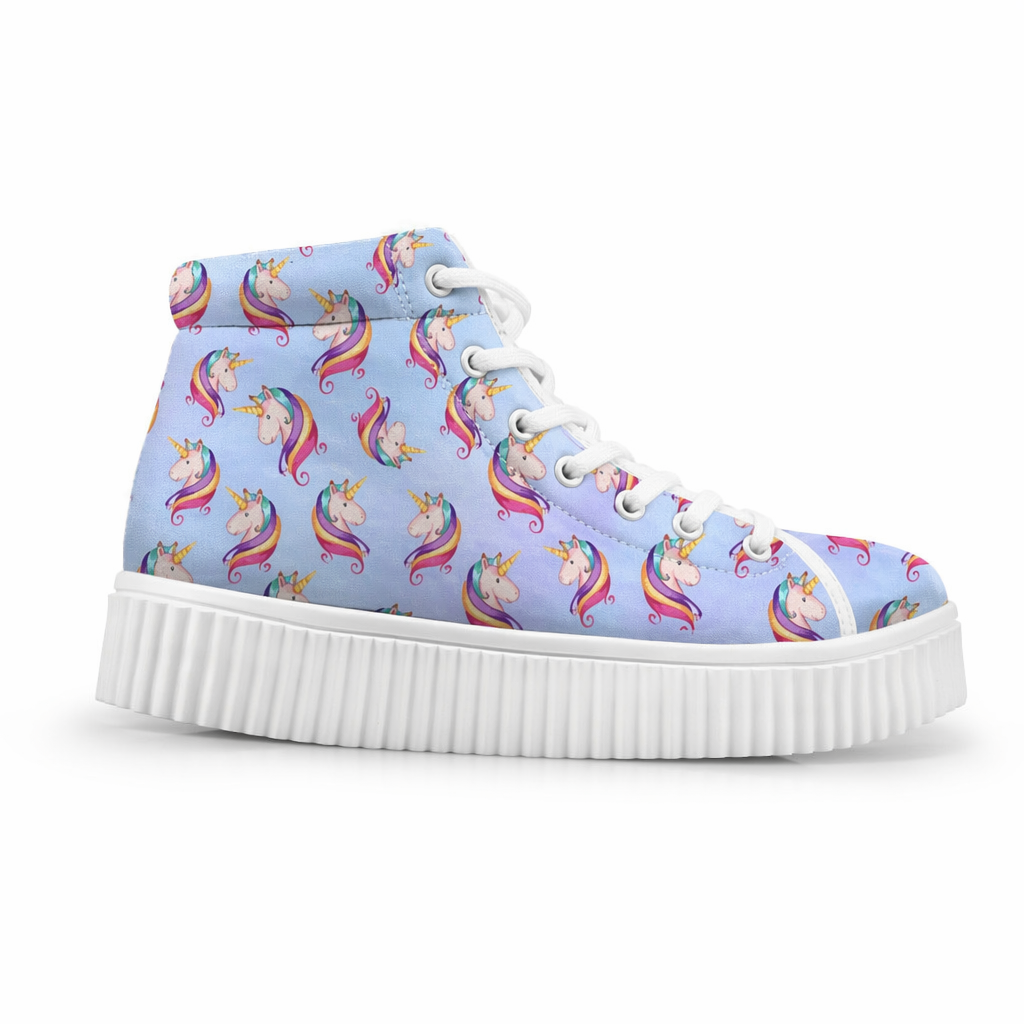 Canvas Hi Top Unicorn Pattern Shoes with Comfortable Wedge Heel Blue Unicorn