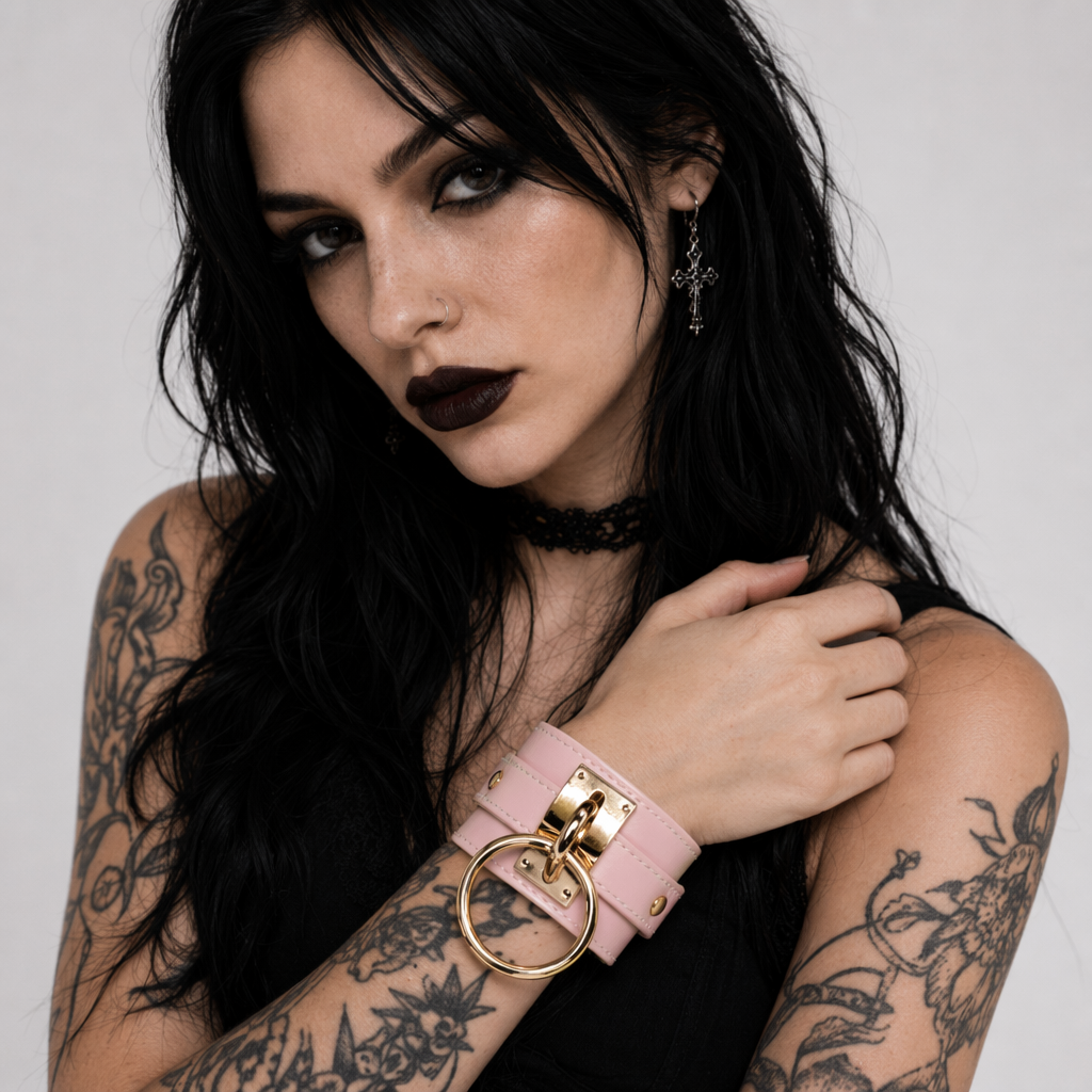 Vegan Leather O-Ring Choker Necklace with Adjustable Buckles Pink Gold
