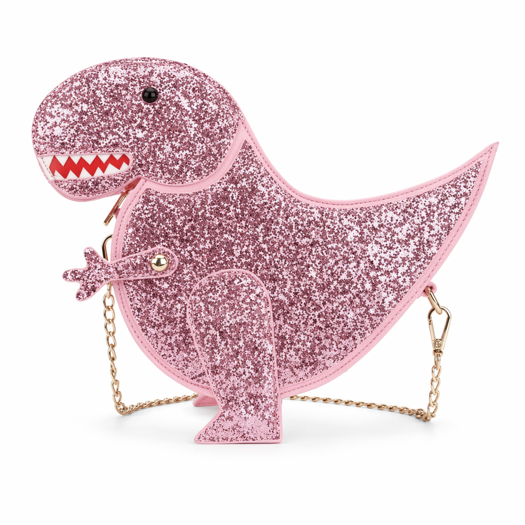Shimmering Tyrannosaurus Rex 3D Handbag in Vegan Leather Pink