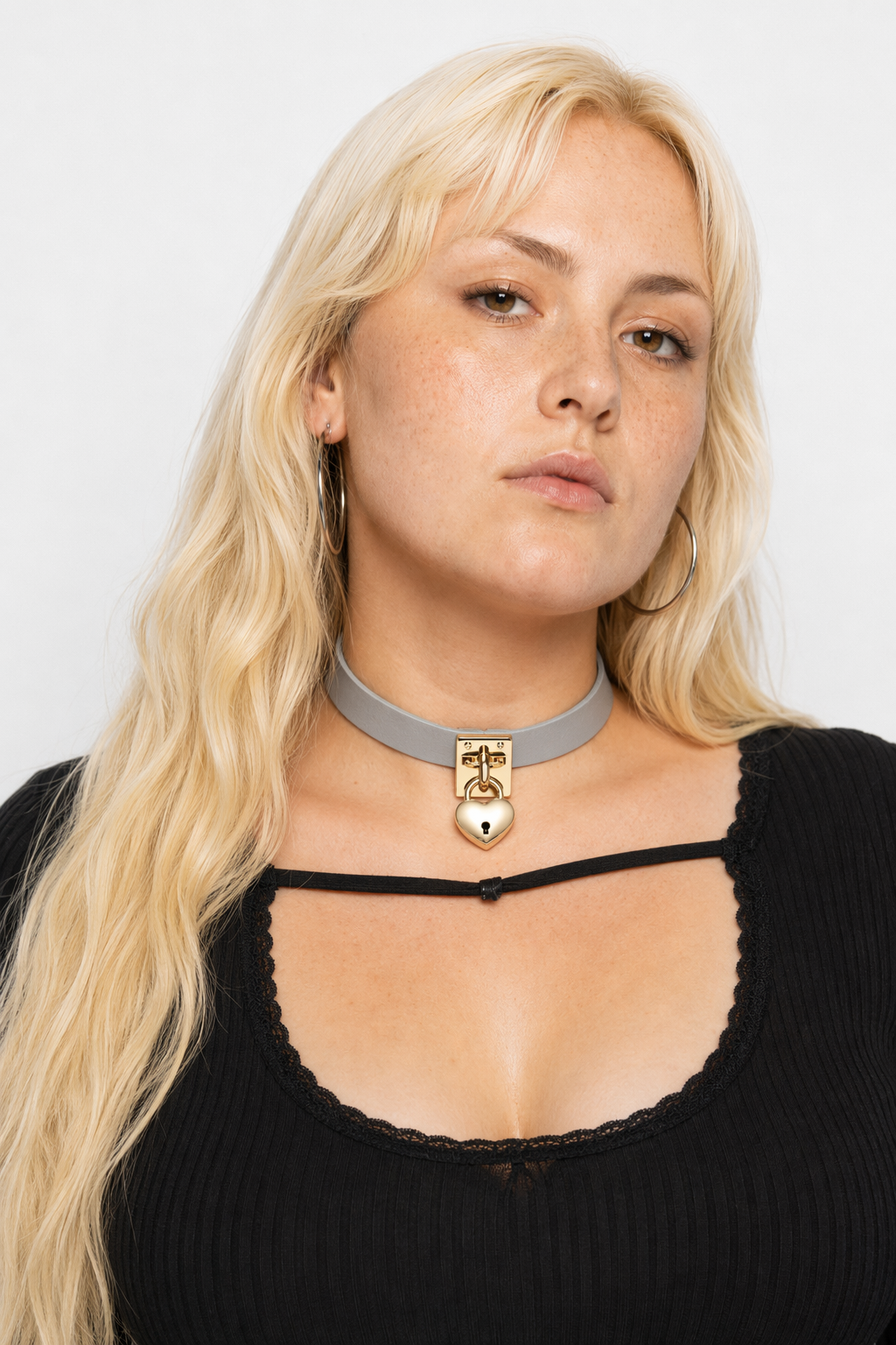 High Quality Vegan Leather Heart Locket Choker in Gold Gray