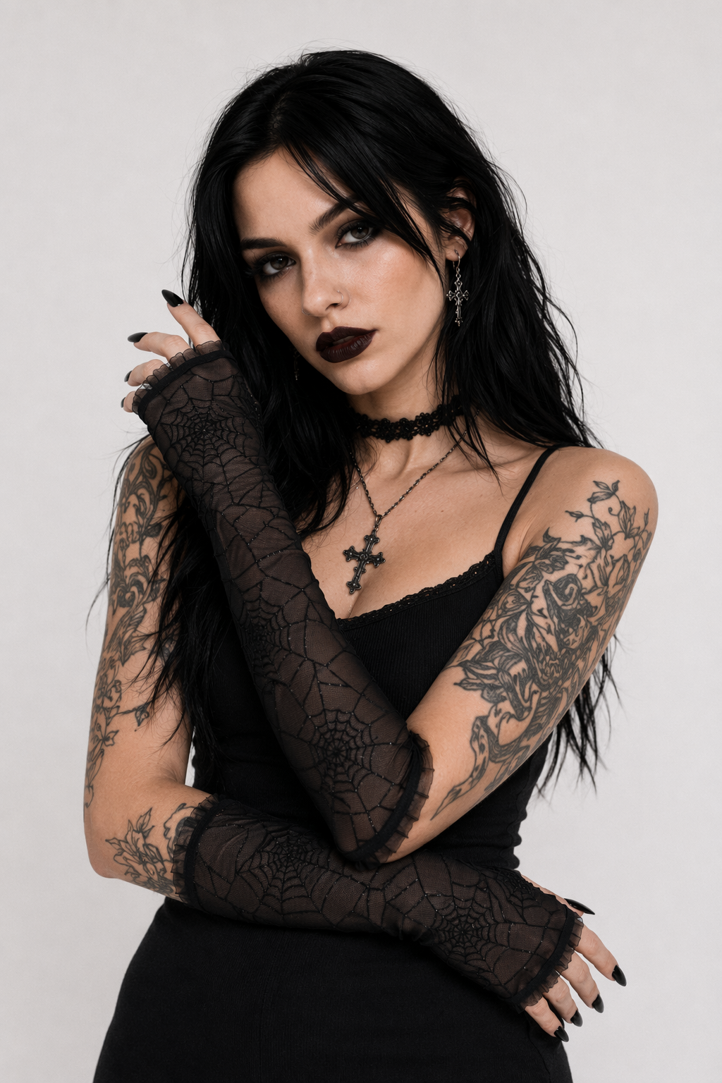 Creepy Cute Spider Web Fishnet Gloves for Gothic Styling Black
