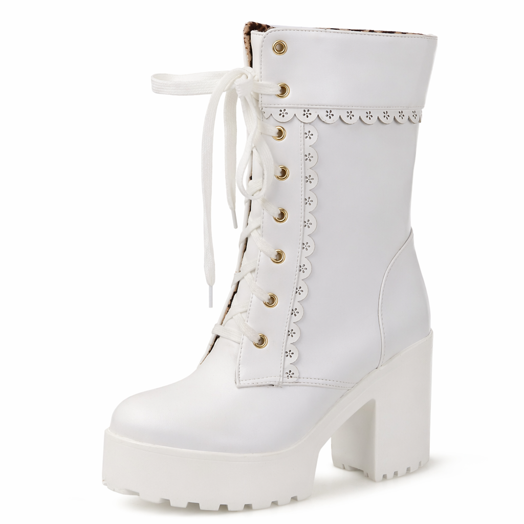 Chunky Ankle Booties with Lace Trim and Leopard Print Lining White