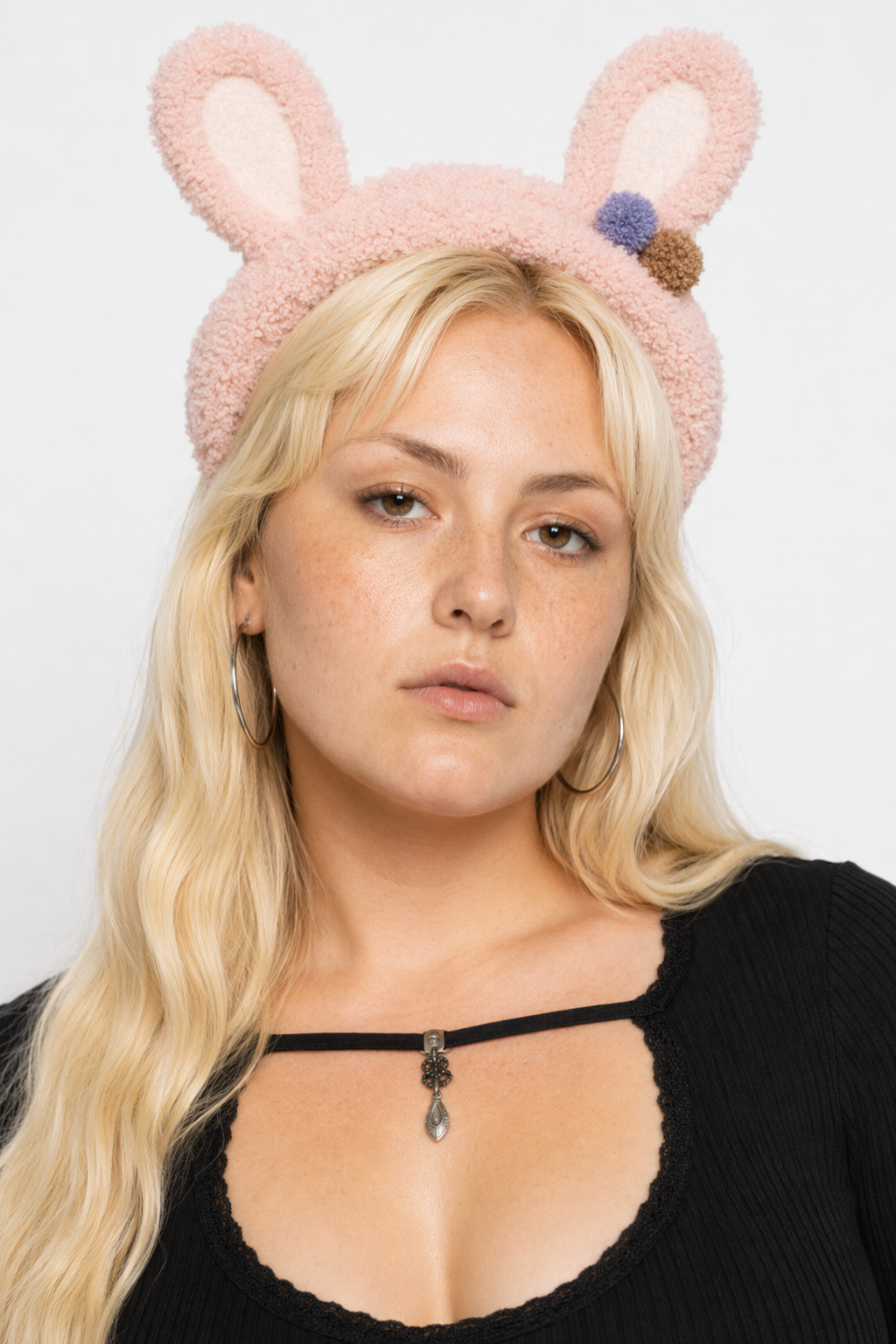 Fluffy Bunny-Eared Headband with Cute Pom Poms Baby Pink