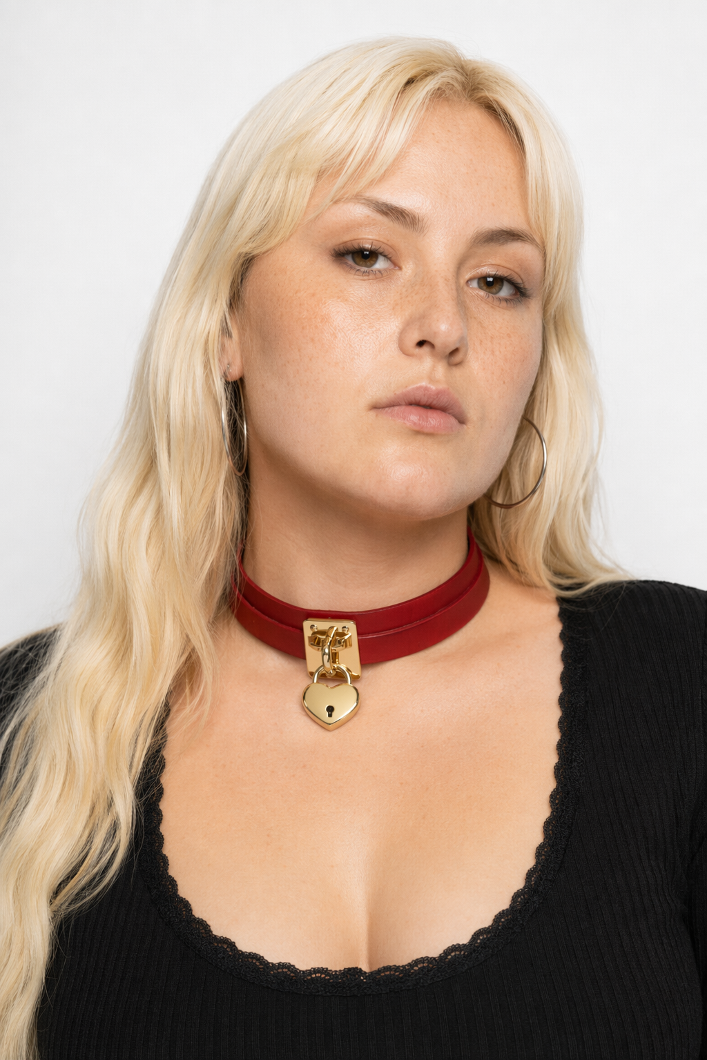 High Quality Vegan Leather Heart Locket Choker in Gold Dark Red
