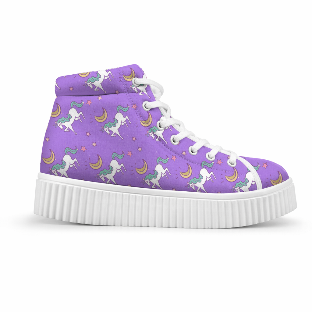 Canvas Hi Top Unicorn Pattern Shoes with Comfortable Wedge Heel Purple Moon Unicorn