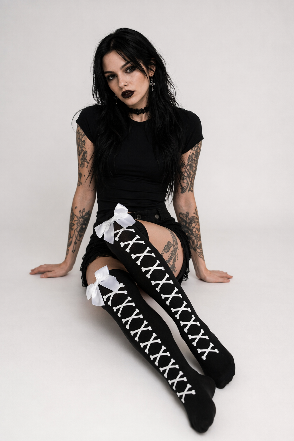 Crossbone Corset Thigh-High Socks for Endless Compliments White
