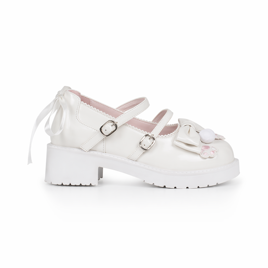 Pastel Sweet Lolita Shoes with Cute Embroidered Paw Prints White