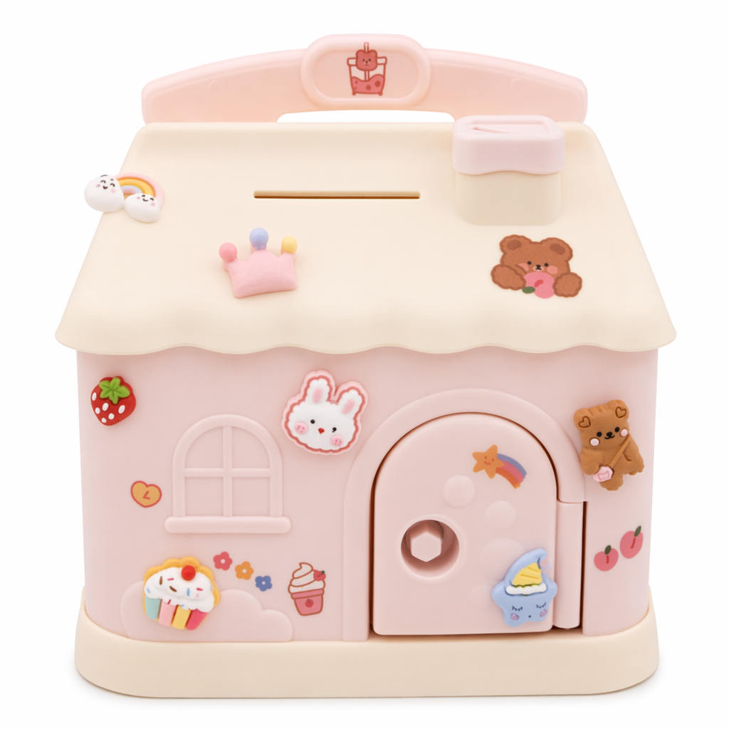 Pastel House Shaped Piggy Bank with Coin and Bill Slot Pink House Bank