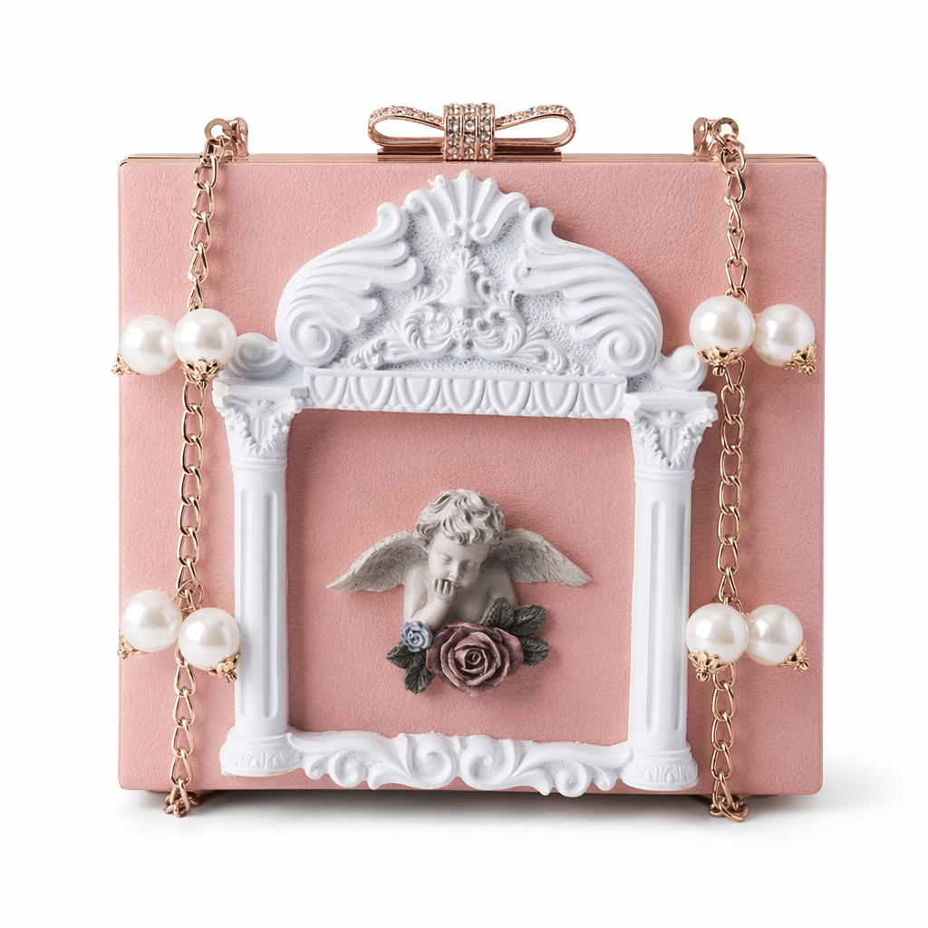 Luxury Vintage Victorian Angel Handbag with Cherub Design Pink