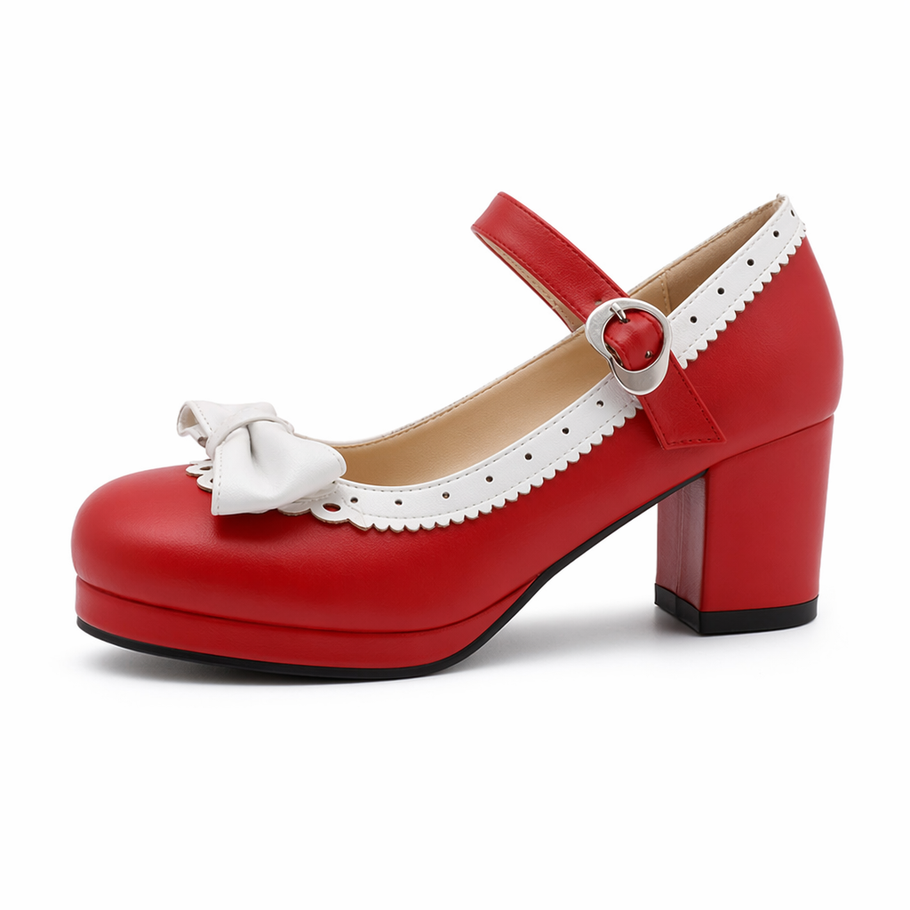 Sweet Lolita Heels with Lace Trim and Bow in Toe Version Red