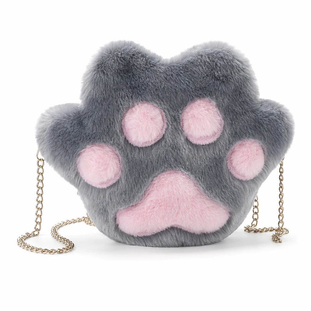 Adorable Furry Kitty Cat Paw Handbag in Vegan Fur Gray