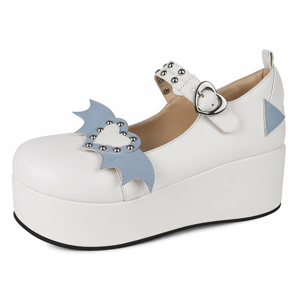 Babydoll Platform Wedge Mary Jane Shoes with Heart Buckle White Winged Heart