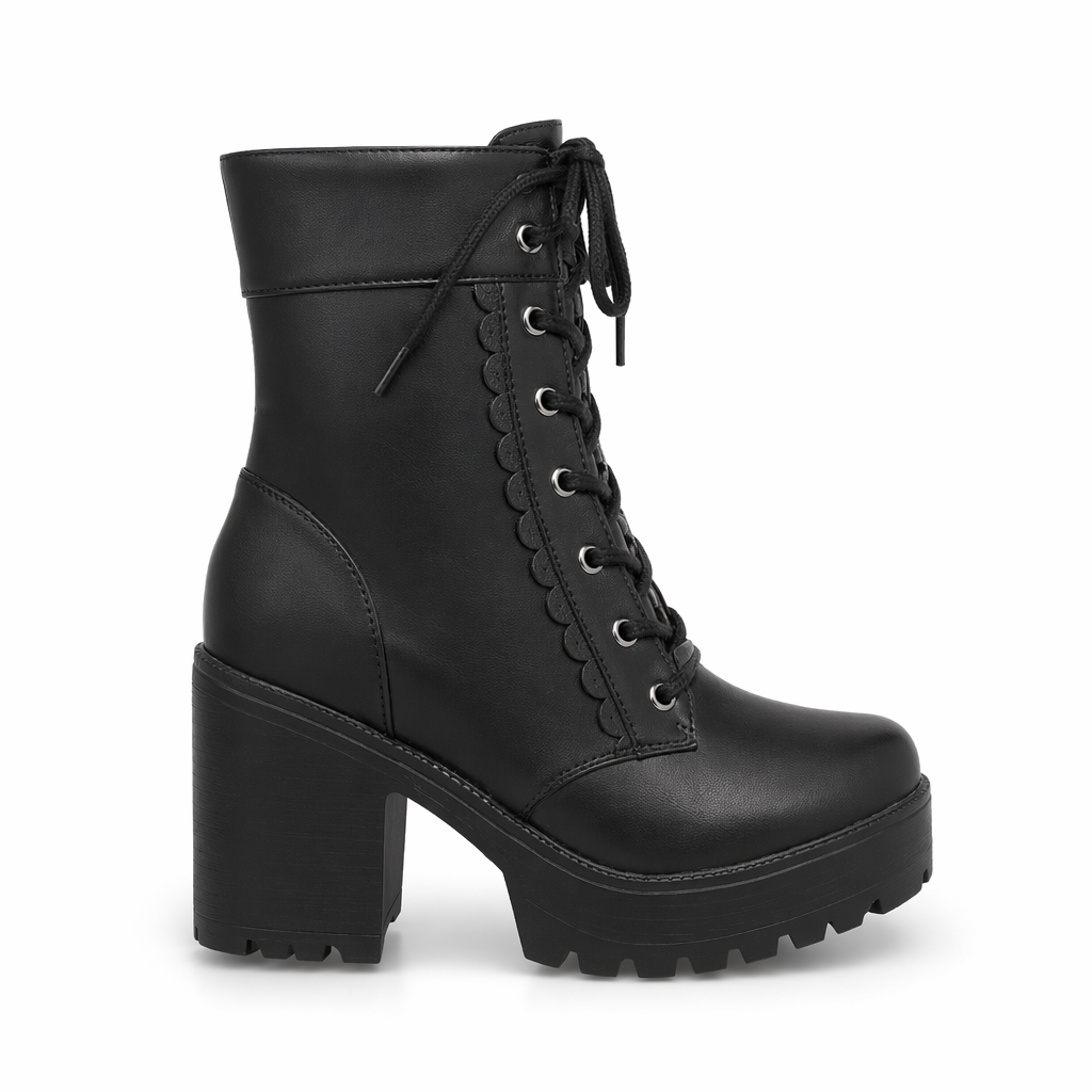 Chunky Ankle Booties with Lace Trim and Leopard Print Lining Black