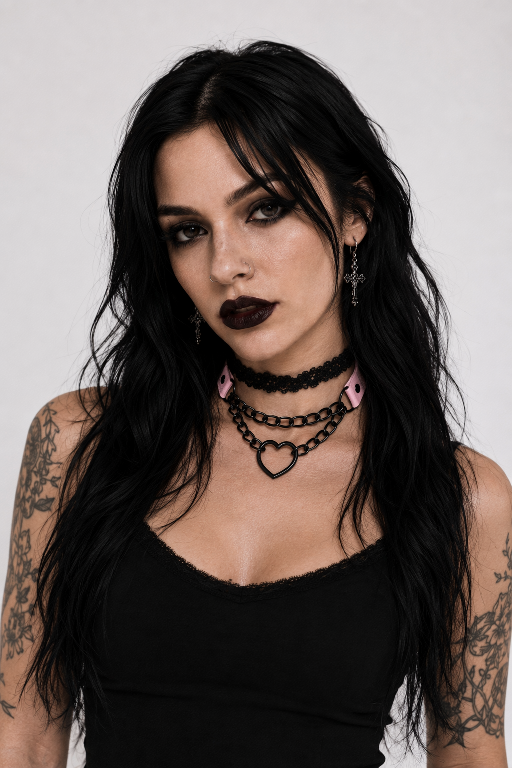 Chained Heart Choker Necklace in Thick Vegan Leather Pink