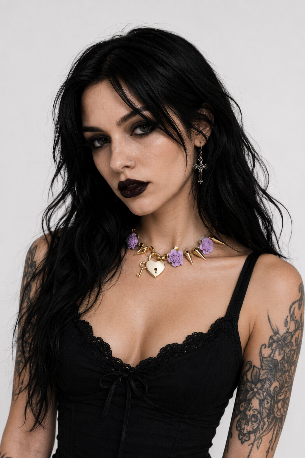 Edgy Floral Choker with Spiky Design and Heart Locket Key Purple Flower Gold