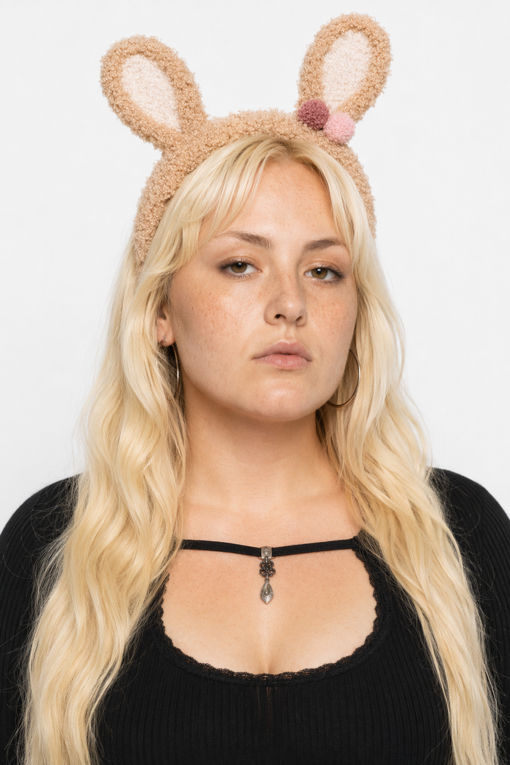 Fluffy Bunny-Eared Headband with Cute Pom Poms Light Brown