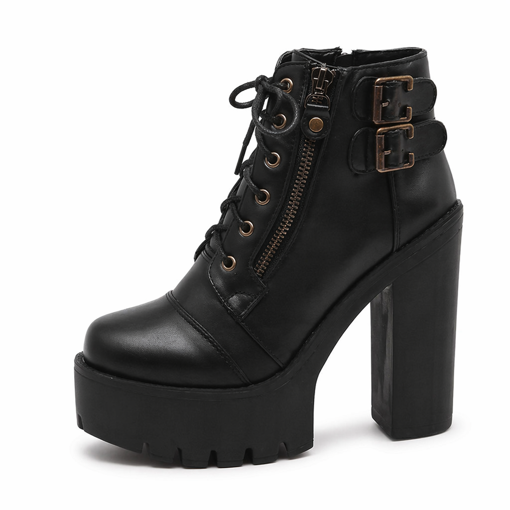 Edgy Punk Rock Chunky Block Heeled Booties for Fit Feet 8