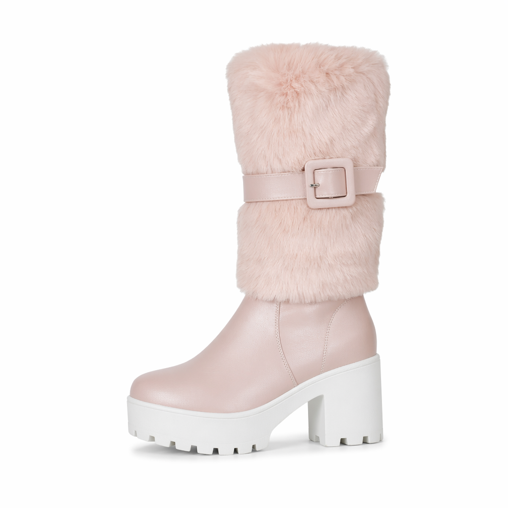 Pastel Vegan Fur Boots with Chunky Block Heel Pink