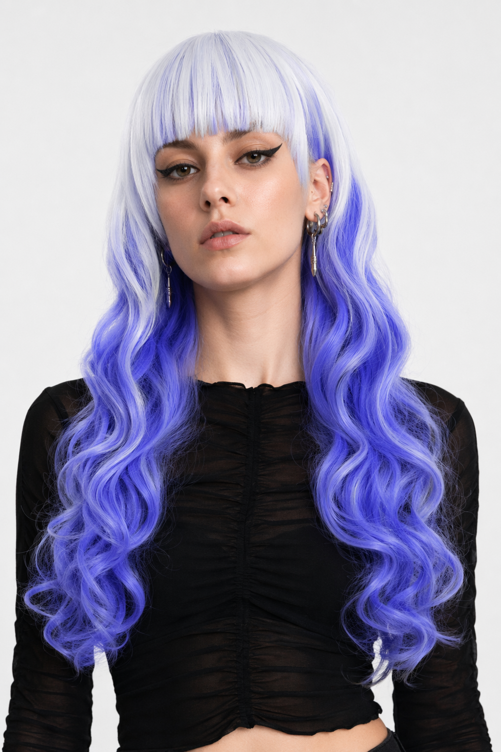 Stunning Long Cosplay Wig with Soft Fringe in Stylish Colors Curly Blue White