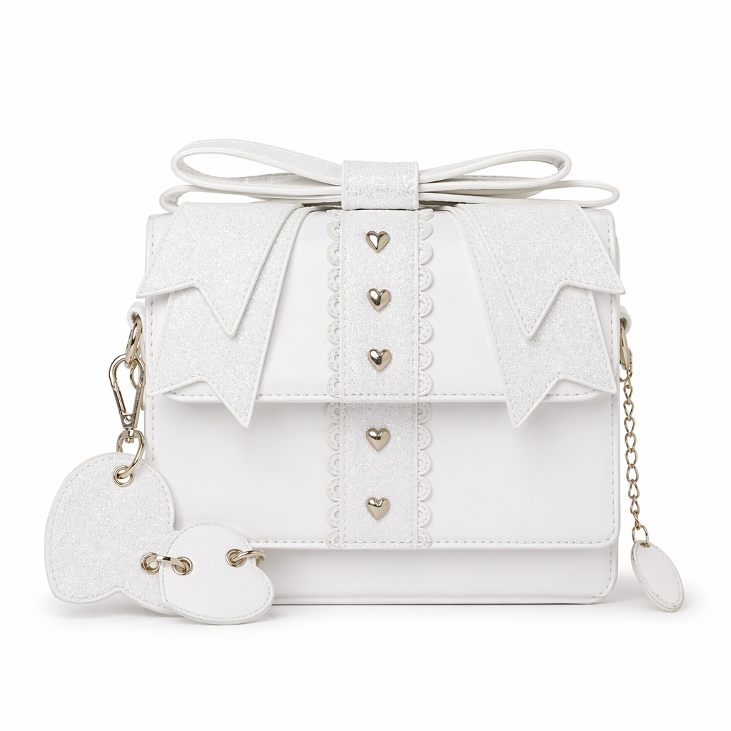 Glittery Lolita Gift Handbag Shaped Like a Present With Bow White
