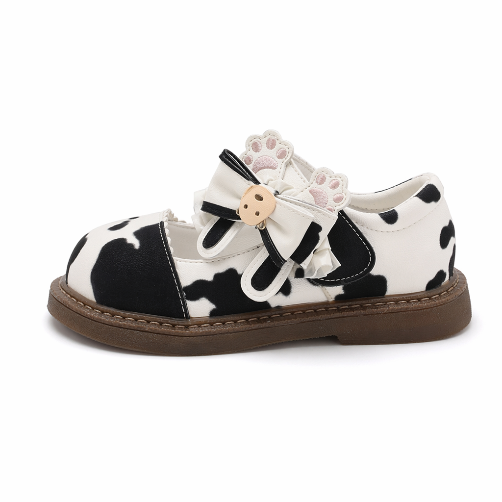 Sweet Cow Print Maryjane Shoes with Embellished Bow and Paw Prints 4