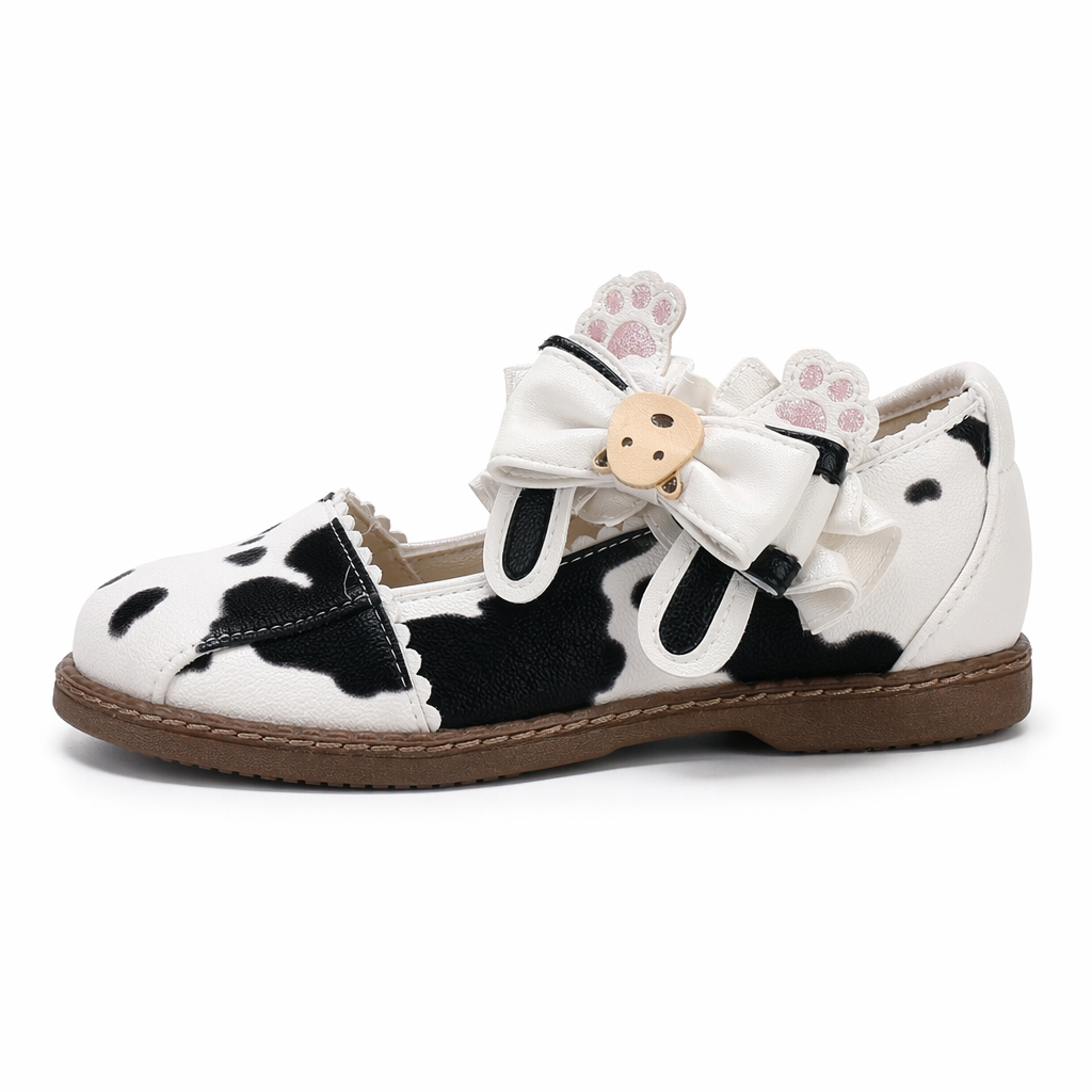 Sweet Cow Print Maryjane Shoes with Embellished Bow and Paw Prints 7