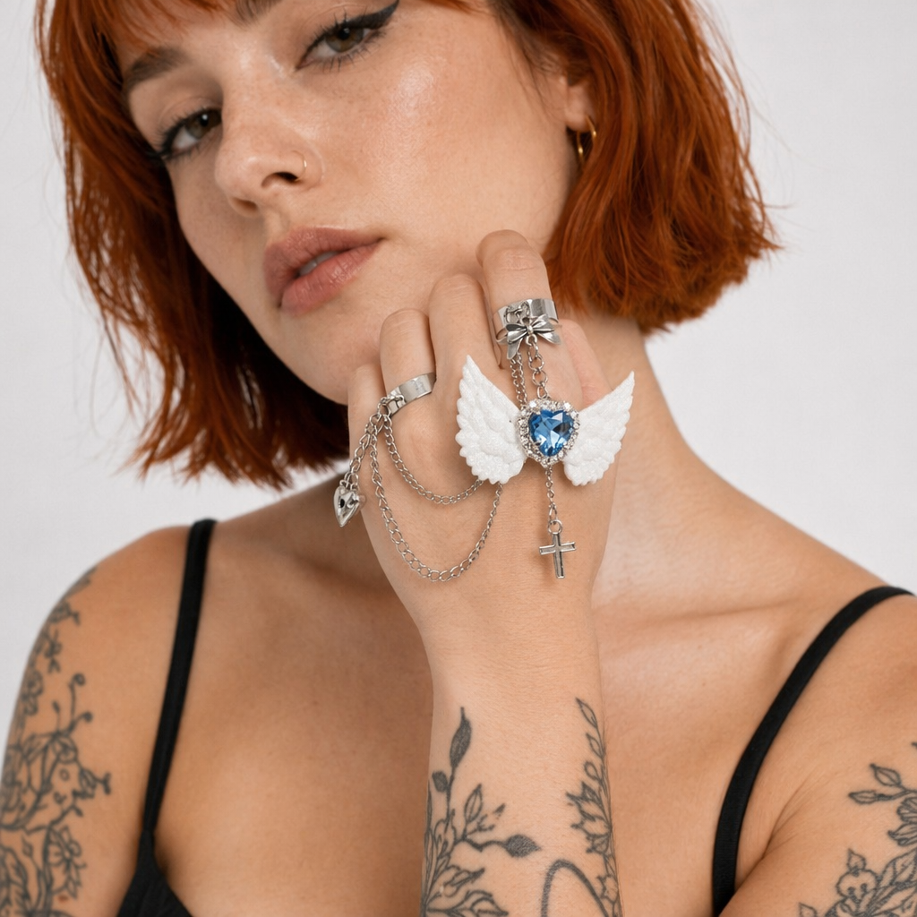 Angelic Goth Ring Set with Bat Wings and Crystal Embellishments White