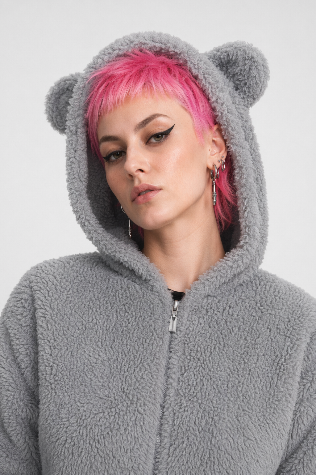 Adorable Vegan Fur Baby Bear Zippered Onesie with Ears Grey