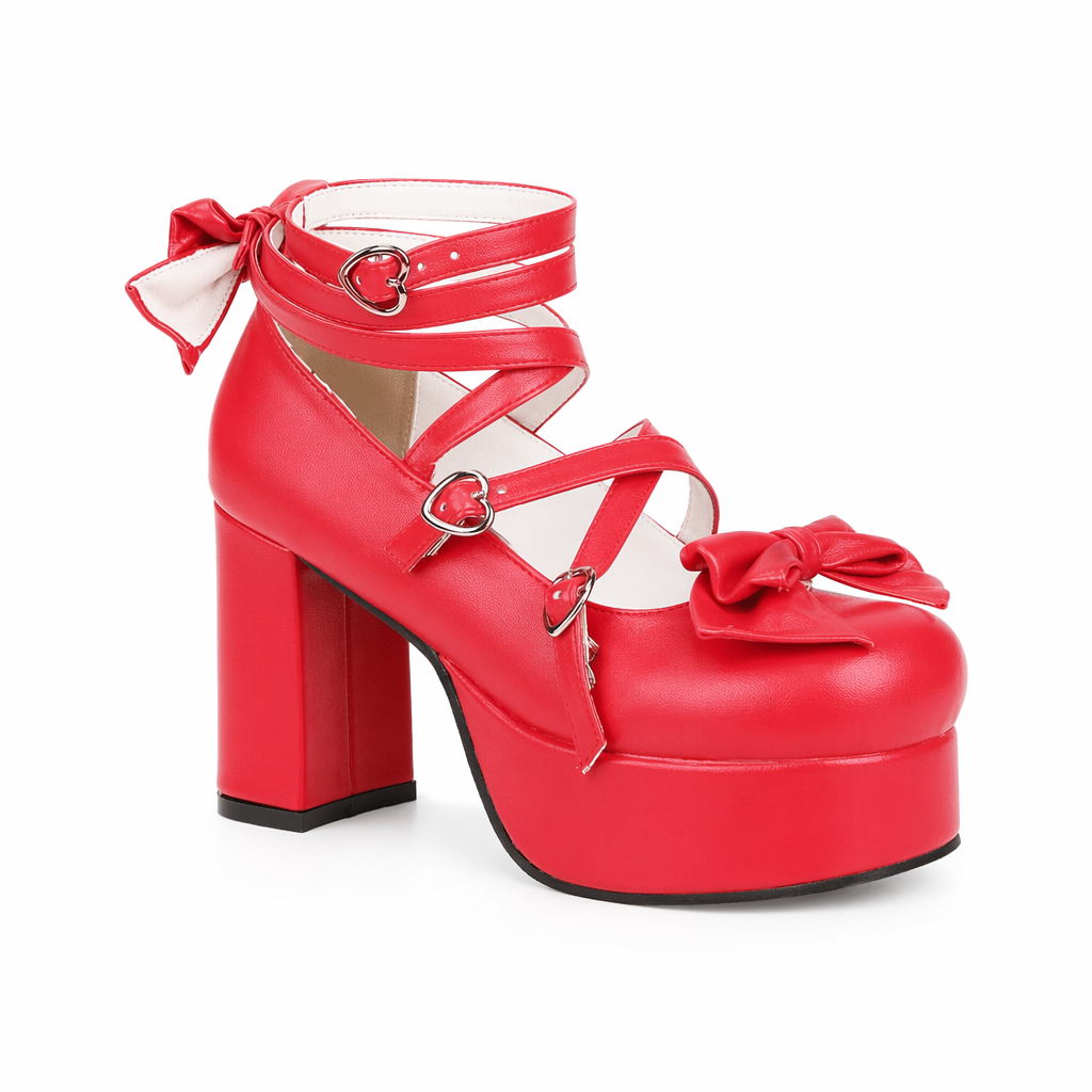 Classic Strappy Wrap-Around Ankle Lolita Shoes with Block Heel Red