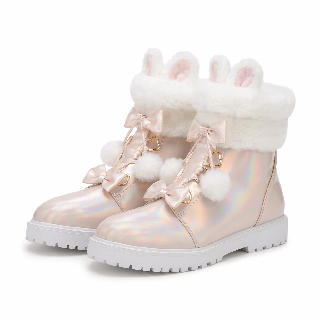 Perfectly Precious Sweet Lolita Faux Fur Ankle Booties Holographic