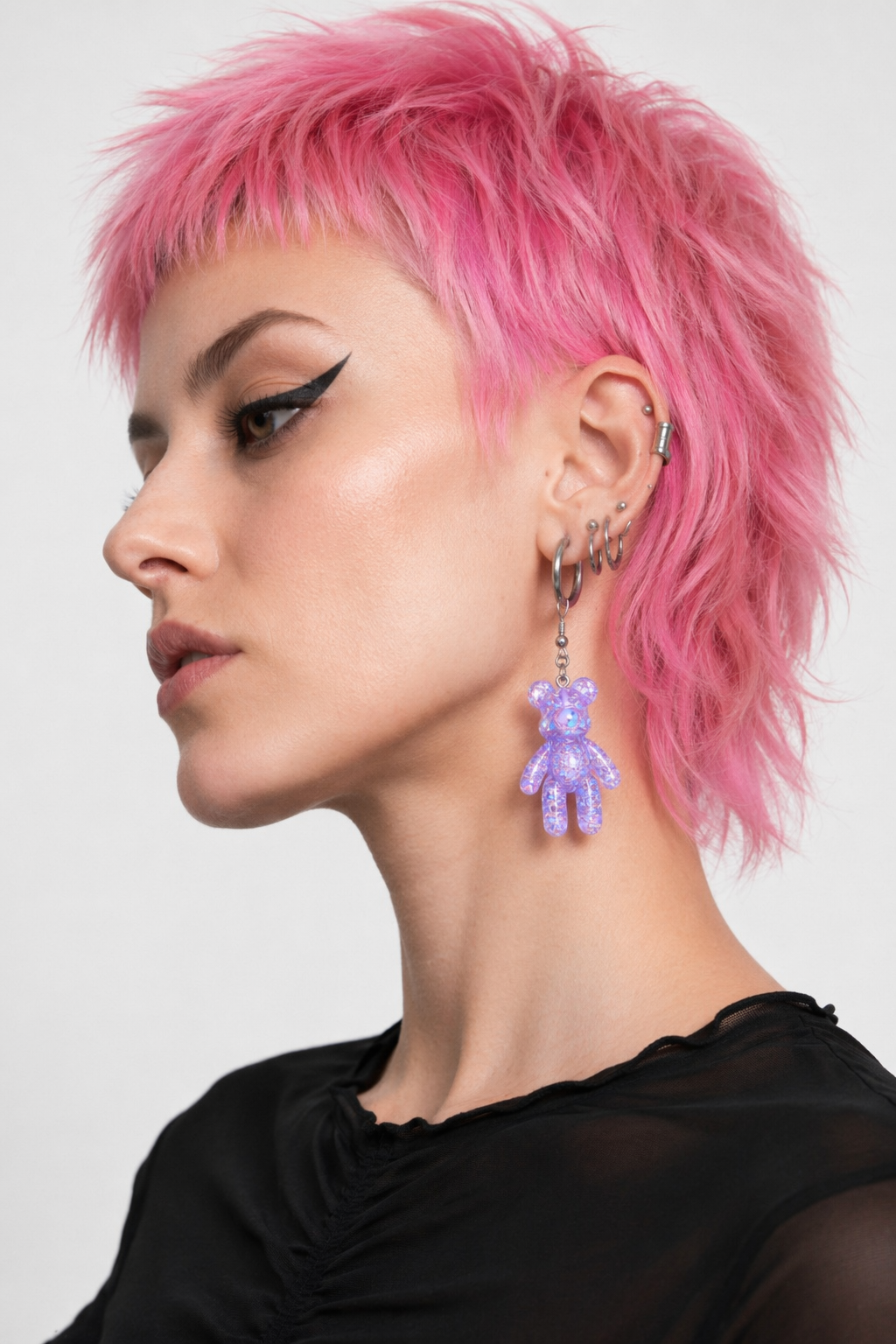 Kawaii Large Bear Earrings in Bright Glittery Colors Purple