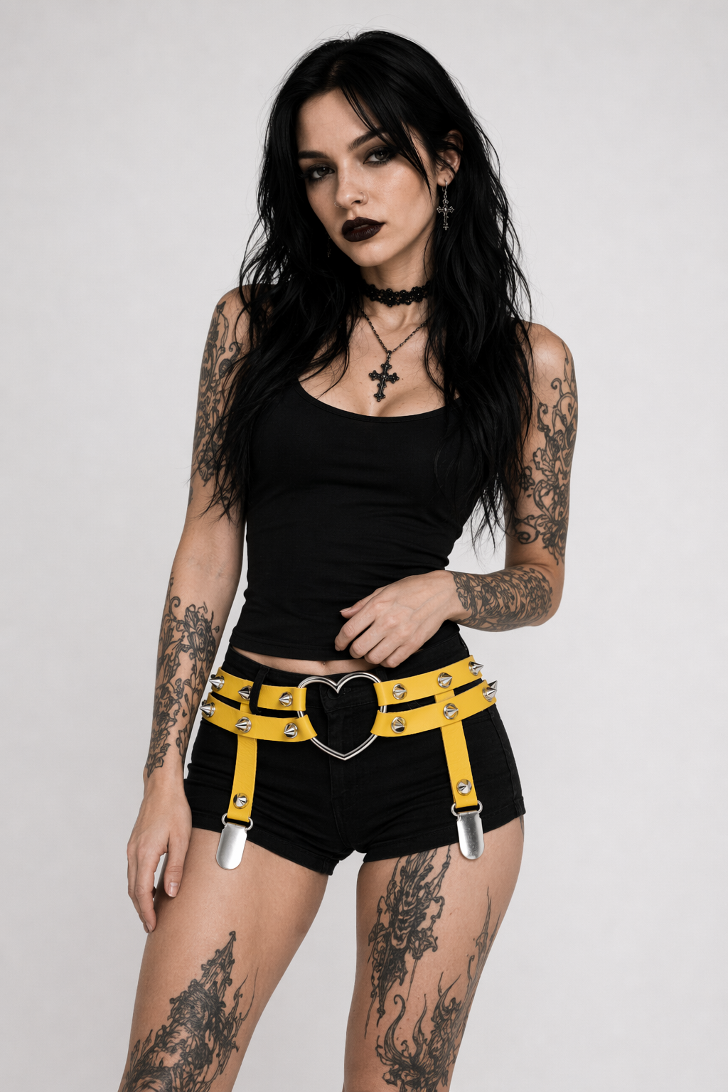 Spiky Garter Belt with Punk Rock Style and Metal Heart Yellow