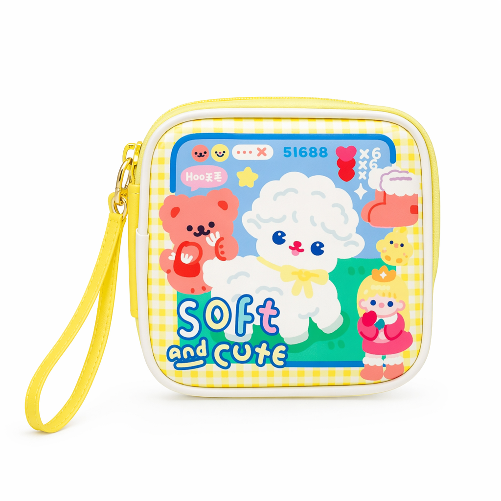 Bold Kawaii Patterned Pouch for Cords and Chargers Soft Yellow Lamb