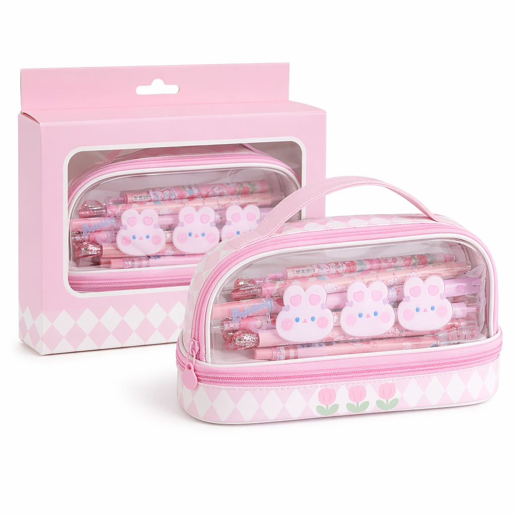 Kawaii Bunny Stationery and Makeup Bag for Cute Organization Pink